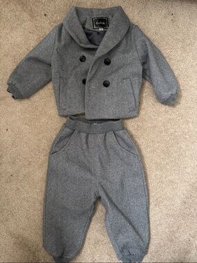 Kids Gray Herringbone Jacket & Pants Set - Double-Breasted
